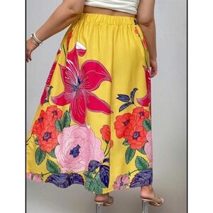 SHEIN Womens XL Yellow Tropical Floral Print Elastic Waist Maxi Skirt XL Boho